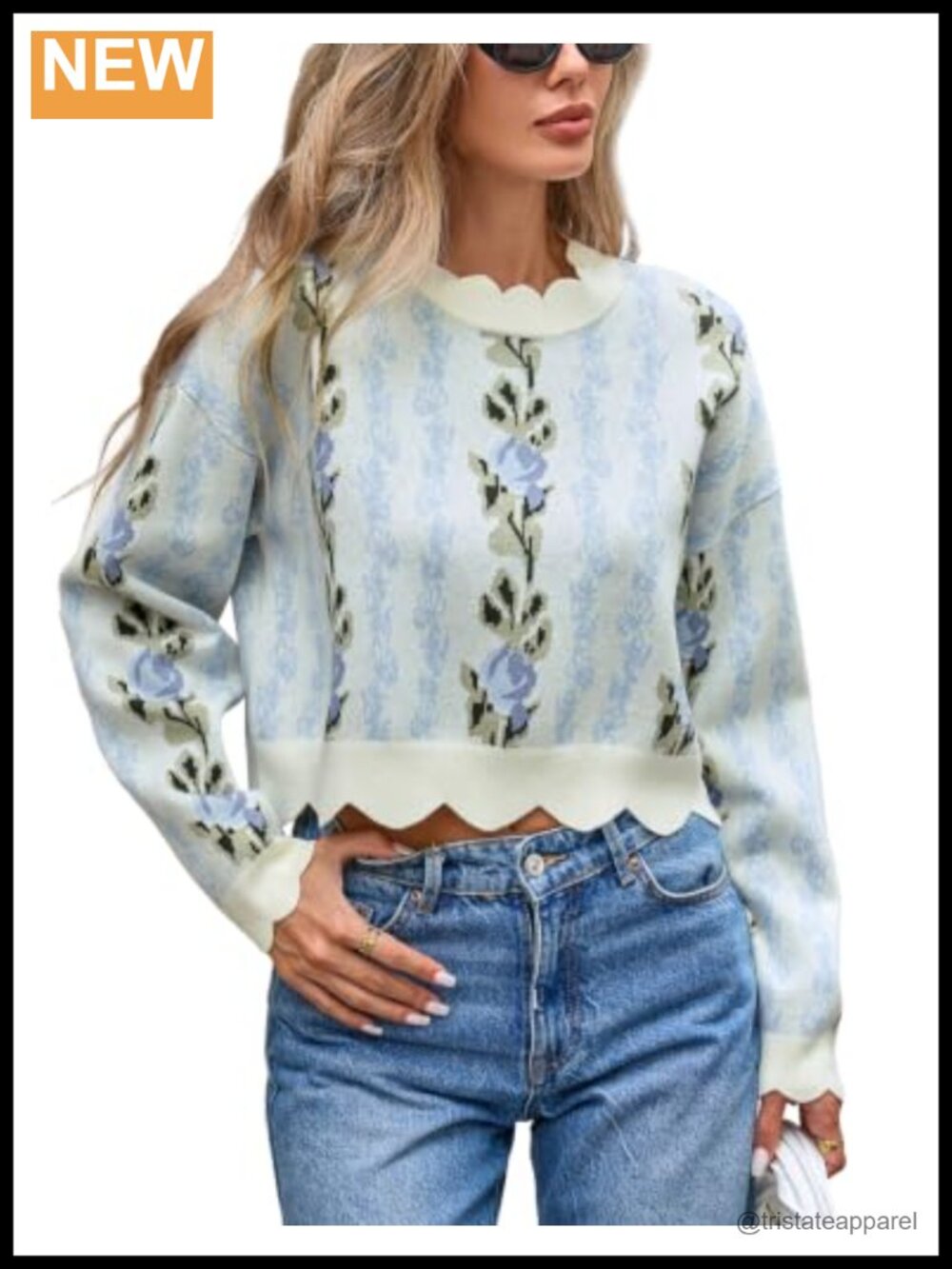 Floral Sweater Scalloped Trim Long Sleeve Pullover Top